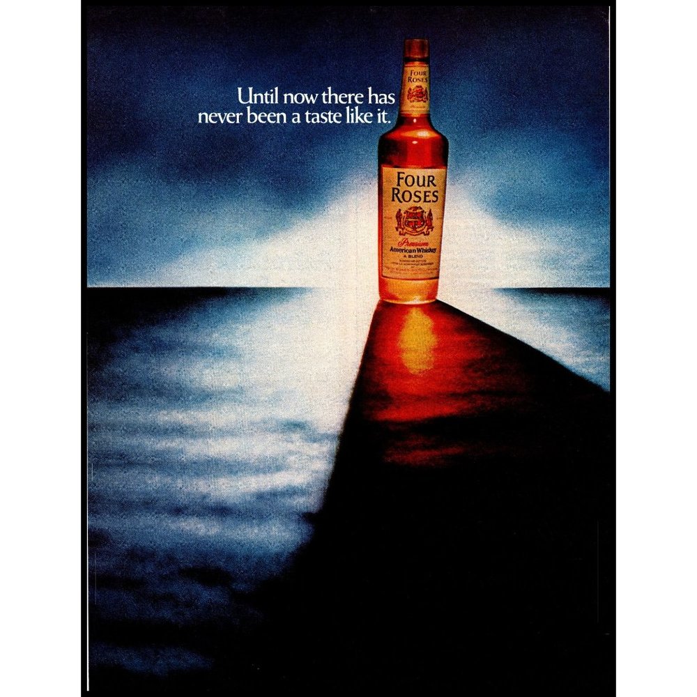 1971 Four Roses Premium American Whiskey Vintage Print Ad Sunrise Bottle Photo